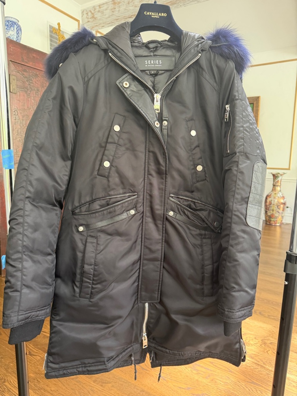 Series by NICOLE BENISTI Black Parka with Blue Faux Fur Trim